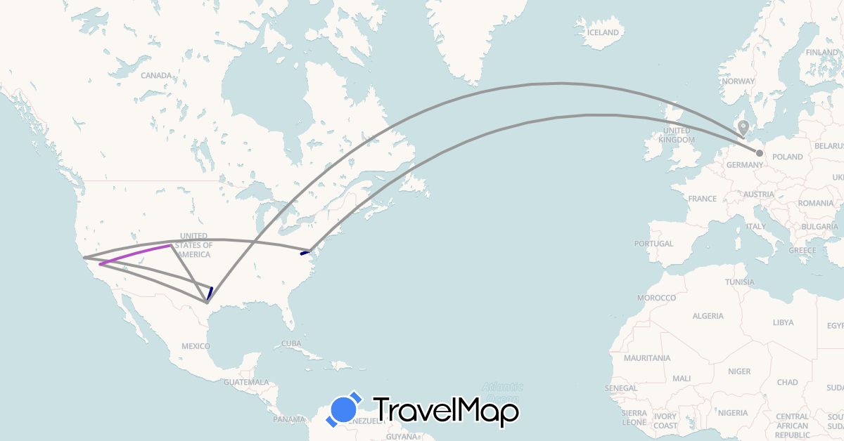 TravelMap itinerary: driving, plane, train in Germany, United States (Europe, North America)